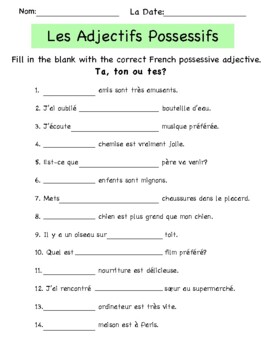 French Possessive Adjectives Mini Workbook - Les Adjectifs Possessifs