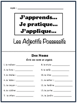 French Possessive Adjectives Worksheet Activities (Learn, Practice, Apply)