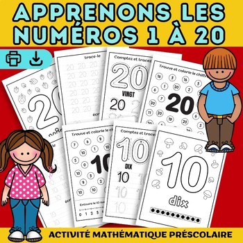 Preview of French Preschool Math Activity Worksheet PS MS -Apprendre les chiffres de 1 à 20