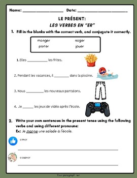 Preview of French Present Tense Verbs Practice (er, ir, re)