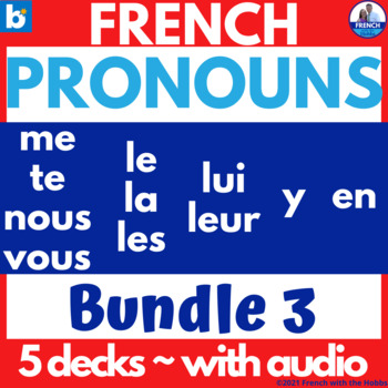 Preview of French Pronouns Boom™ Cards me te nous vous le la les lui leur y en BUNDLE 3