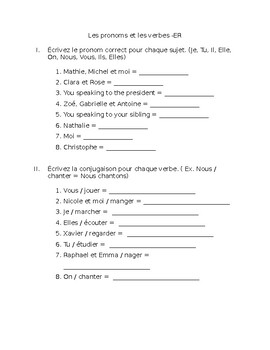 french pronouns er verb conjugations worksheet by carly molnar