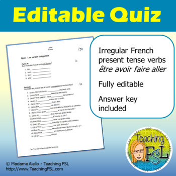 Preview of French Quiz - Irregular Verbs Etre, Aller, Avoir, Faire