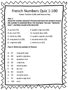 French Quiz Numbers 1 100 By Jea Resources Teachers Pay Teachers