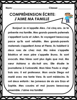 French Reading Comprehension: J'aime Ma Famille (French Family) WORKSHEETS