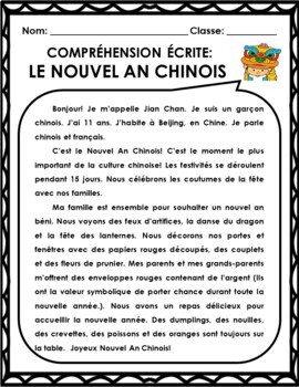 French Reading Comprehension: Le Nouvel An Chinois (Chinese New Year ...