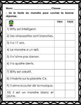 French Reading Comprehensions: Décrire des Monstres/Describe Monsters ...