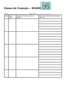 Preview of French Reading Log - Student Indepdendant Reading Tracker