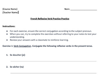 Preview of French Reflexive -ER Verbs Independent Practice Sheets with Answer Key