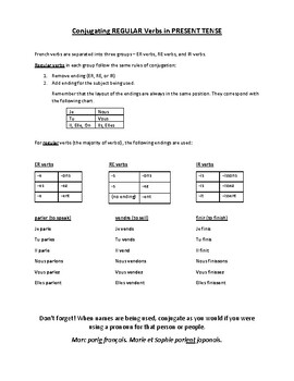Preview of French Regular Present Tense Verbs Notesheet