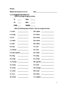 Preview of French-Regular Verb Review Packet (er, ir, re verbs)