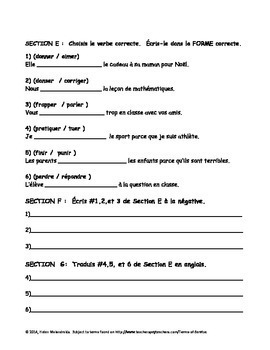 french regular verbs er ir re written practice exercises 2 tests