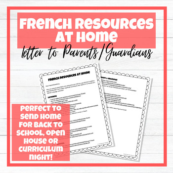Preview of French Resources at Home - Letter to Parents for Open House or Curriculum Night