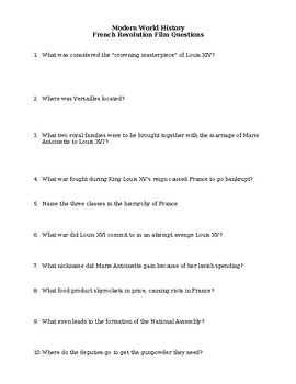 Preview of French Revolution Film Questions