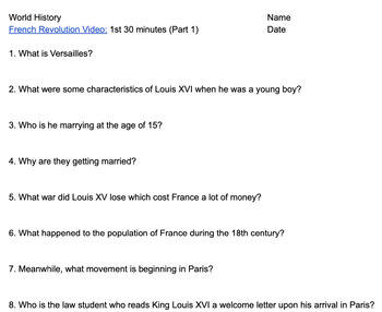 Preview of French Revolution/History Channel Documentary Video - Questions/Key