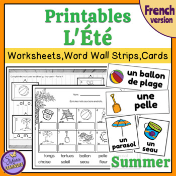 Preview of French SUMMER L'été Vocabulary Cards, Worksheets, Word Wall