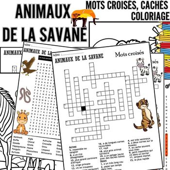 Preview of French Safari Animals - Animaux de la savane Puzzles & Coloring Pages