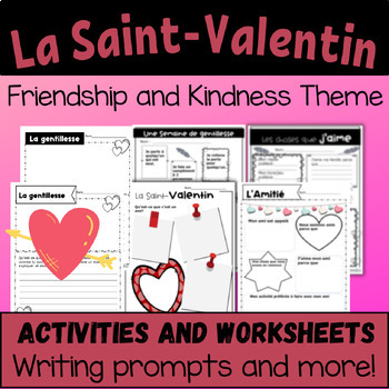 Preview of French Saint Valentin writing prompts activities worksheets vocabulary cards FSL