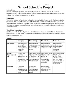 Preview of French School Schedule Project - Proficiency Scale