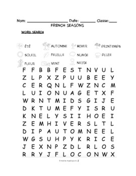 French Seasons PUZZLES WORKSHEETS Crossword Matching Word search