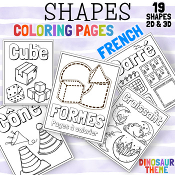 Preview of French Shapes Coloring Pages in 2D & 3D Worksheets - Dinosaurs Theme Printable