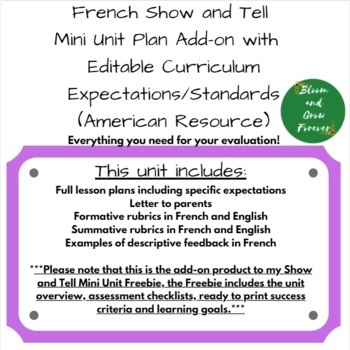 Preview of French Show and Tell Mini Unit Plan Add-on (American Resource)