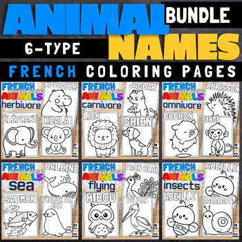 Preview of French Six Animal Types with Names Coloring Pages From Land, Sky To Ocean