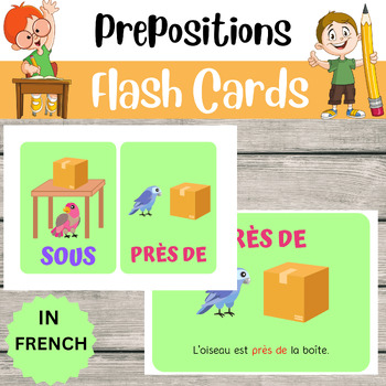 Preview of French Spatial Concepts: Prepositions Flashcards and Printable Posters for Kids