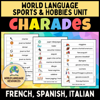 Preview of World Language Sports & Hobbies Unit: Charades Activity Spanish, French, Italian