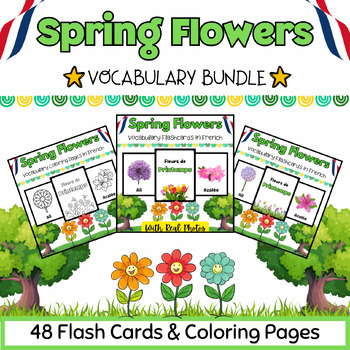 Preview of French Spring Flowers 48 Coloring Pages & Flashcards BUNDLE for PreK-Kinder Kids