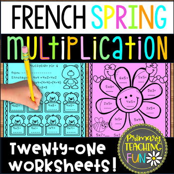 Preview of French No-Prep Basic Multiplication Review with 21 Spring Worksheets, Grade 2-3