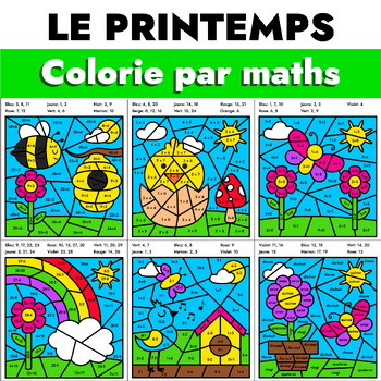 Preview of French Spring Themed Color by Code Math Activities - Le printemps