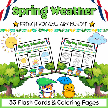 Preview of French Spring Weather 22 Coloring Pages & Flash Cards BUNDLE for PreK-Kinder