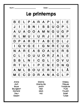 French Spring Word Search - Mots cachés français sur le printemps