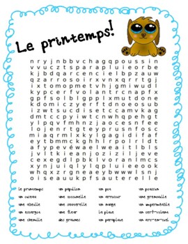 Preview of French Springtime Vocabulary Word Search ~ Le Printemps Mots cachés