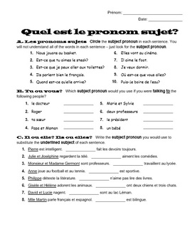 Preview of French Subject Pronouns Worksheet - Circle & Fill in the Blank