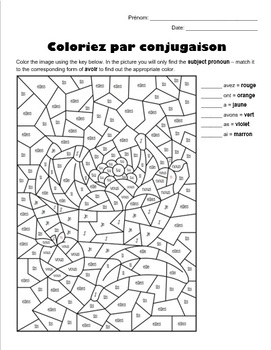Preview of French Subject Pronouns and Irregular Verb Avoir - Color by Conjugation