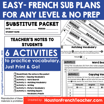 Preview of French Substitute Plan/Sub Plans - Easy Print&Go with 6 activities For any Level