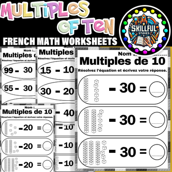 Preview of French Subtract Multiples of Ten Worksheets|Multiples of Ten First Grade Math