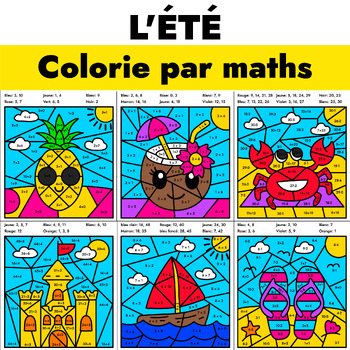 Preview of French Summer Color by Code Math Activities - Addition et soustraction - L'été