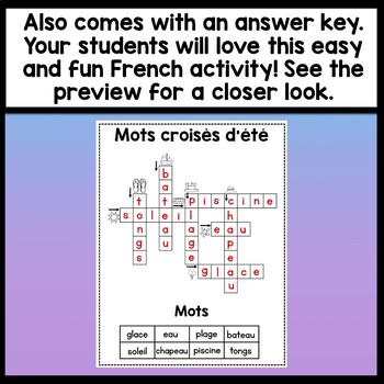 French Summer Crossword 8 vocabulary words w/ pictures{French Summer