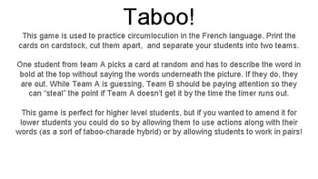 Jeu français, tabou, taboo in French, all levels of French