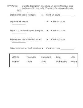 French- Test on Classroom Objects, Classes, Describing Classes, and ...