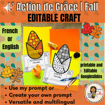 Preview of French Thanksgiving Editable craft | L'action de Grâce craft | Corn | Printable 