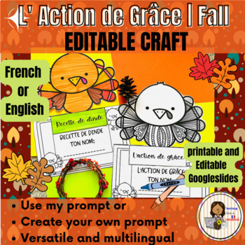 Preview of French Thanksgiving Editable craft | L'action de Grâce craft | Turkey craft