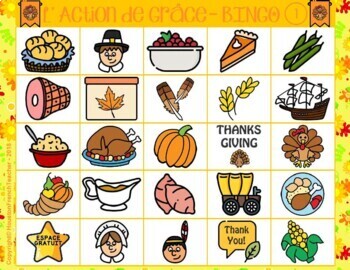 French Thanksgiving L' Action de Grace French Bingo (30 Cards & Word Mat)