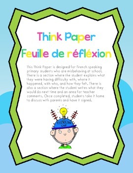 Preview of French Think Paper - Feuille de réfléxion pour le comportement