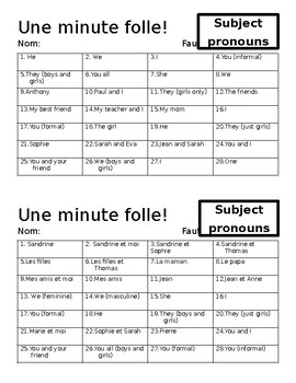 Preview of French Une minute folle game subject pronouns review