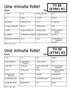 Preview of French Une minute folle to be etre in present tense