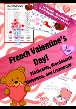 Preview of French Valentine's Bundle 48 Flashcards, Worksheets, Slideshow, and Bingo Cards